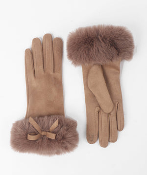 Camel Faux Suede Glove with Bow Embellishment and Fur