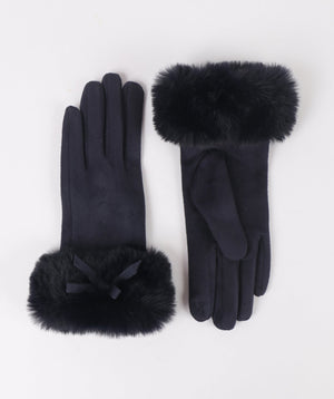 Navy Faux Suede Gloves with Bow Embellishment