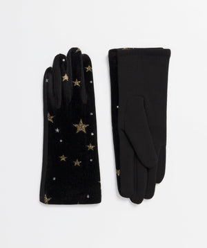 Black/Silver Starlight Velvet Gloves with Metallic Stars and Faux Suede Palm