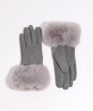 Grey Wool Glove with Faux Fur Cuff and Lining