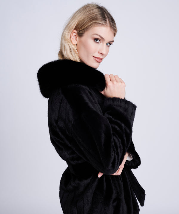 Black Faux Fur Coat with Plush Collar and Belt Tie