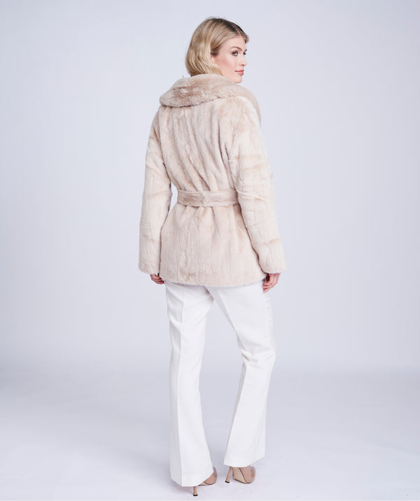 Cream Faux Fur Coat with Contrasting Collar and Belt
