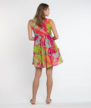 Fuchsia Tropical Toucan Print Midi Dress with Tassel Drawstring