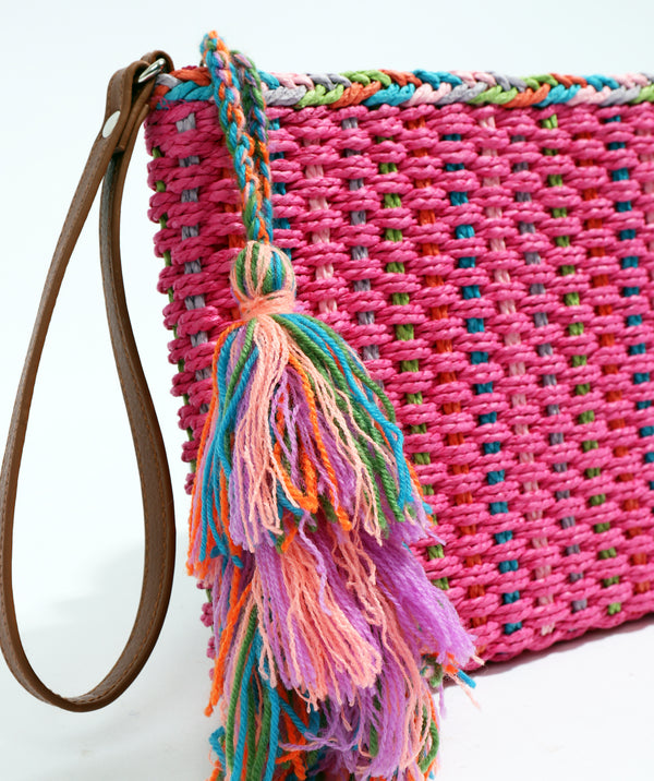 Close Up View: Hot Pink Tassel Clutch with Zipped Closure