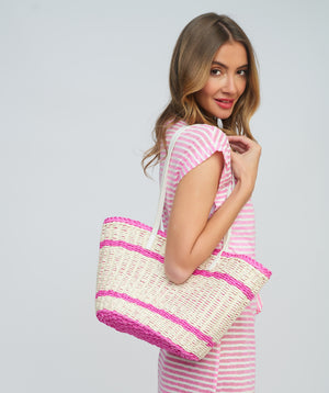 Pink Striped Straw Tote Bag with Zip Closure