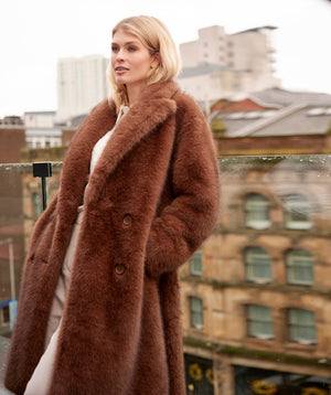 Rich Brown Plush Faux Fur Longline Coat
