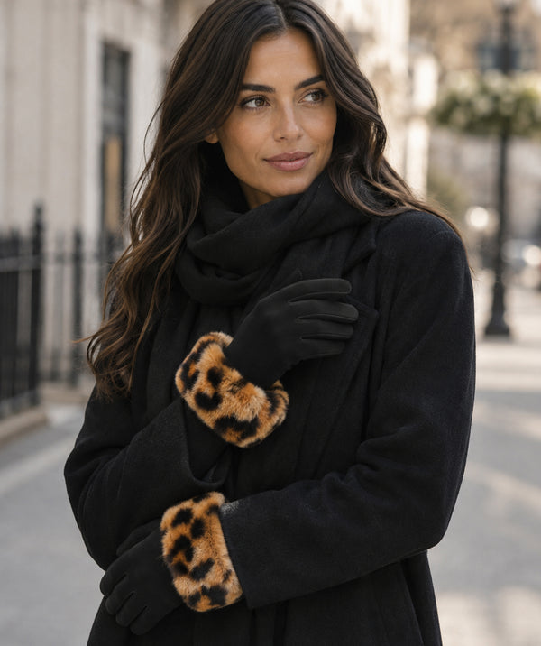 Gizelle - Luvas de camurça sintética com estampa de leopardo