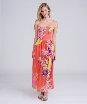 Orange Maxi Dress with Hawaiian-inspired Design