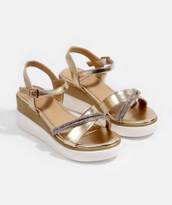 Gold Embellished Wedge Sandal with Adjustable Straps