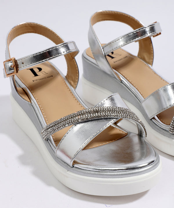 Silver Wedged Sandal with Embellished Jewels