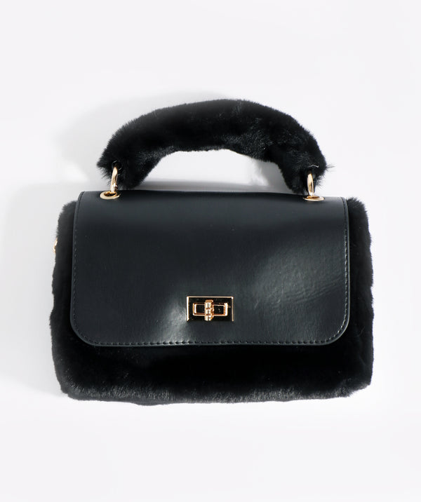 Black Faux Fur Bag with Zip Closure and Interior Pockets