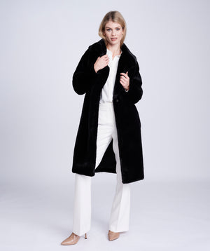 Black Plush Faux Fur Coat with Button Closure
