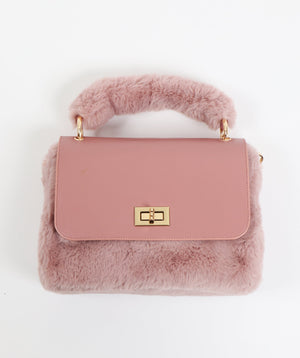 Dusty Pink Plush Faux Fur Bag with Interior Pockets