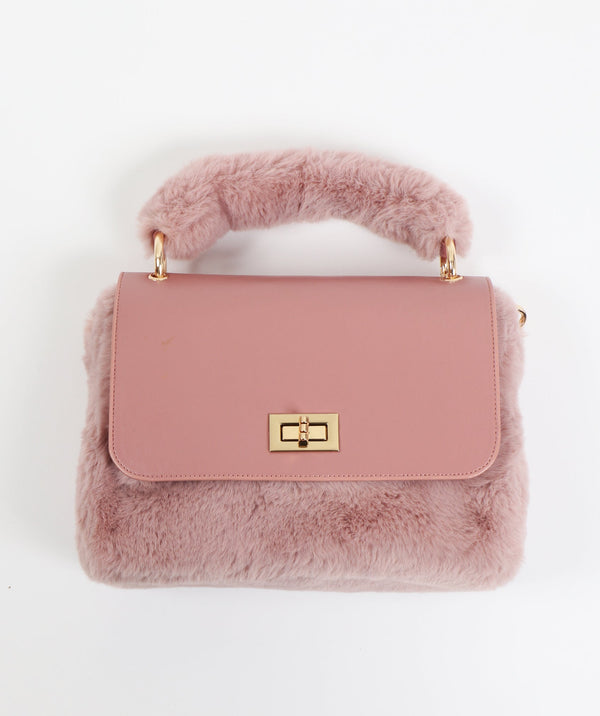 Dusty Pink Plush Faux Fur Bag with Interior Pockets