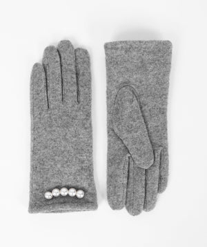 Silver Grey Wool Gloves with Pearl Embellishments and Warm Lining
