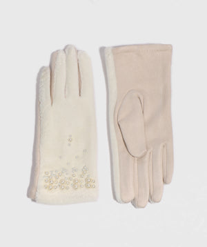 Cream Faux Fur Gloves with Pearl Embellishments