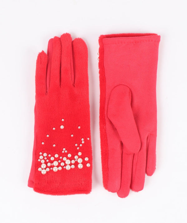 Red Faux Suede Pearl Embellished Gloves with Faux Fur