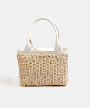 White Rattan Woven Bag with Twin Handles and Zip Closure