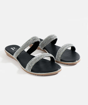 Black Embellished Wedged Mule Sandal with Open Toe