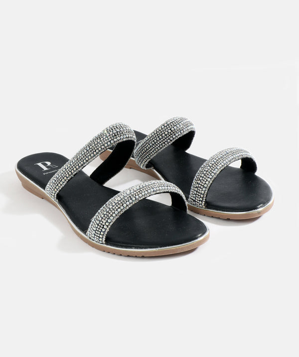 Black Embellished Wedged Mule Sandal with Open Toe
