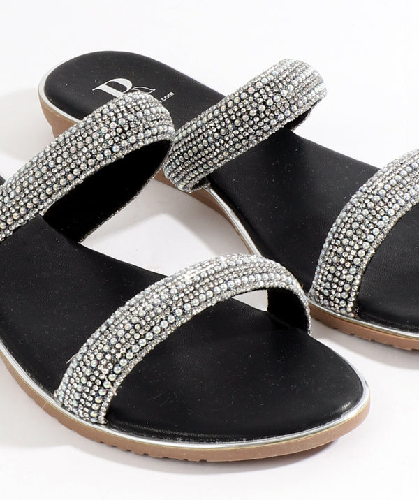 Black Embellished Wedged Mule Sandal with Open Toe
