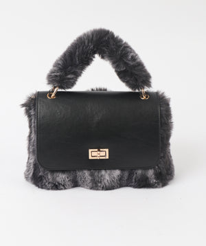 Black/Grey Faux Fur Bag with Twin Top Handles