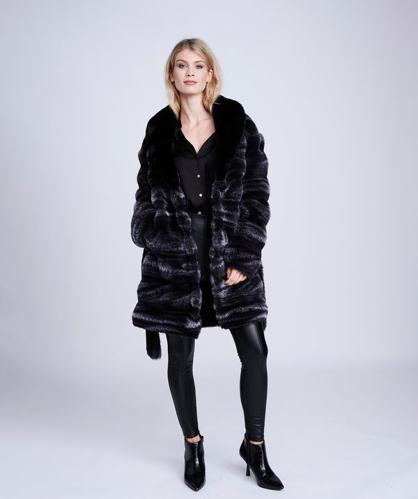 Black/Grey Ombre Faux Fur Coat with Belt Tie and Pockets