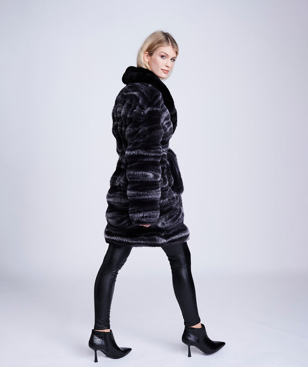 Black/Grey Ombre Faux Fur Coat with Belt Tie and Pockets