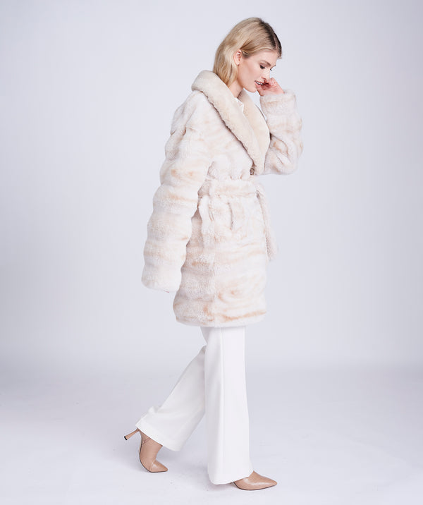 Honeycomb Ombre Faux Fur Coat with Belt and Pockets