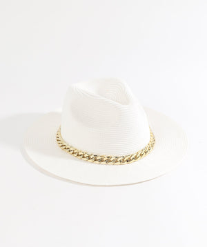 White Paper Straw Fedora Hat with Gold Chain Embellishment