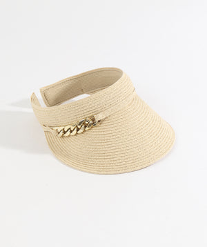 Natural Straw Visor with Gold Metal Chain Embellishment