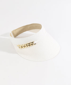 White Paper Straw Visor with Gold Metal Chain Embellishment