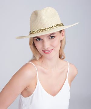 Natural Paper Straw Fedora Hat with Gold Metal Chain Embellishment