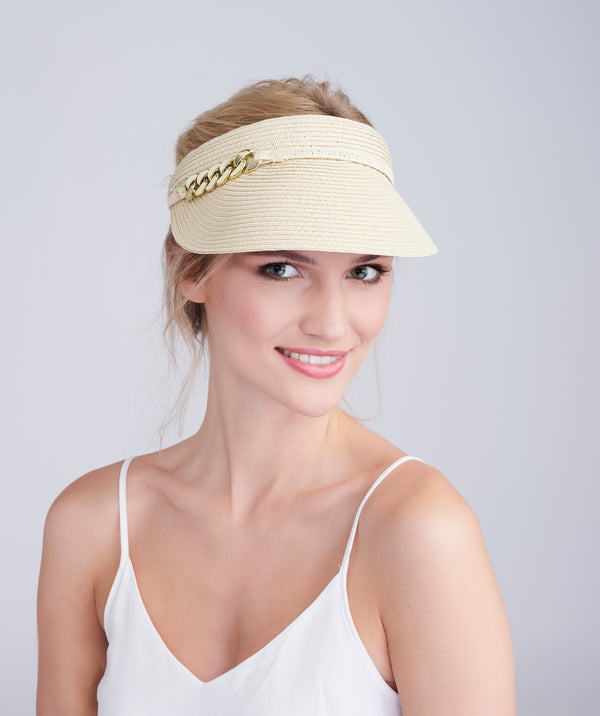 Natural Straw Visor with Gold Metal Chain Embellishment