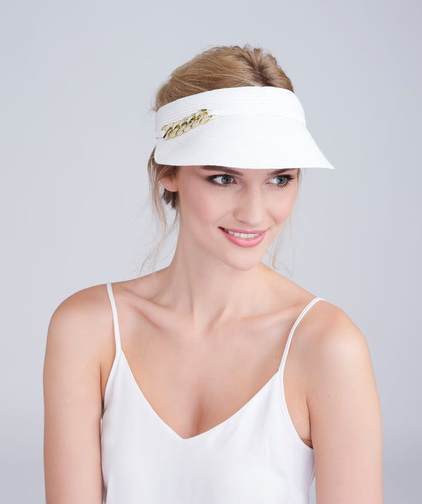 White Paper Straw Visor with Gold Metal Chain Embellishment