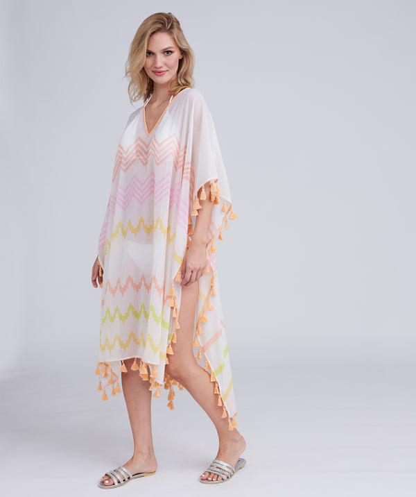 Pink Zig-Zag Print Maxi Coverup with Tassel Trim