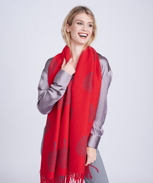 Red Reversible Cashmere Feel Scarf with Knotted Fringes