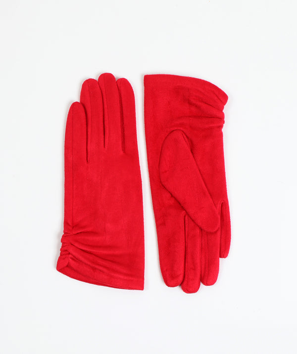 Red Suede Women's Gloves with Ruched Wrist and Soft Lining
