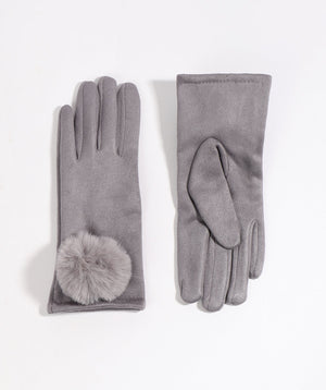 Stone Faux Suede Gloves with Faux Fur Pom Pom