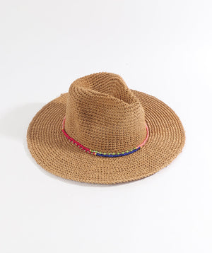 Natural Paper Straw Fedora Hat with Bead Embellishment Band