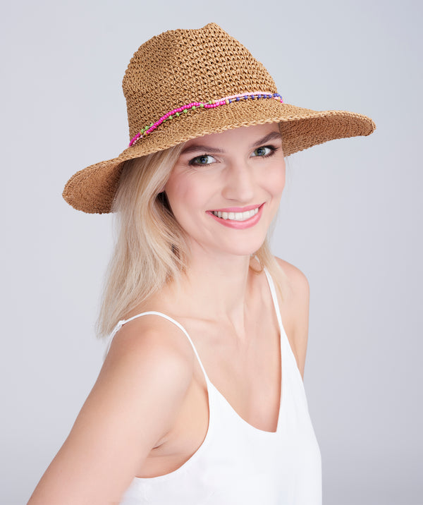 Natural Paper Straw Fedora Hat with Bead Embellishment Band