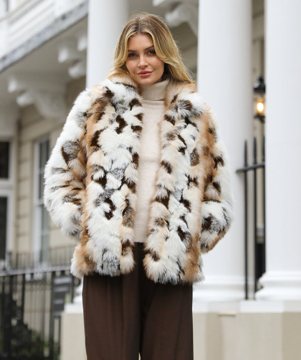 Malika - Ivory Beige Patchwork Faux Fur Coat