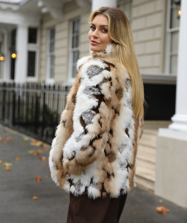 Malika - Ivory Beige Patchwork Faux Fur Coat