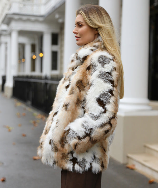 Malika - Ivory Beige Patchwork Faux Fur Coat