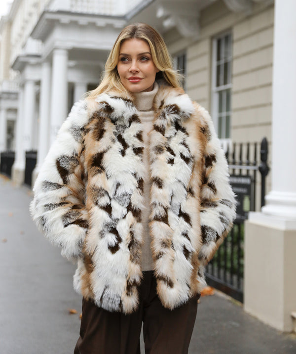 Malika - Ivory Beige Patchwork Faux Fur Coat