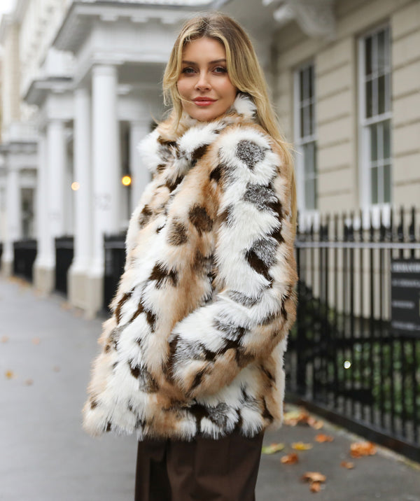 Malika - Ivory Beige Patchwork Faux Fur Coat