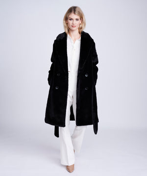 Black Faux Fur Coat with Button Closure and Waist Belt
