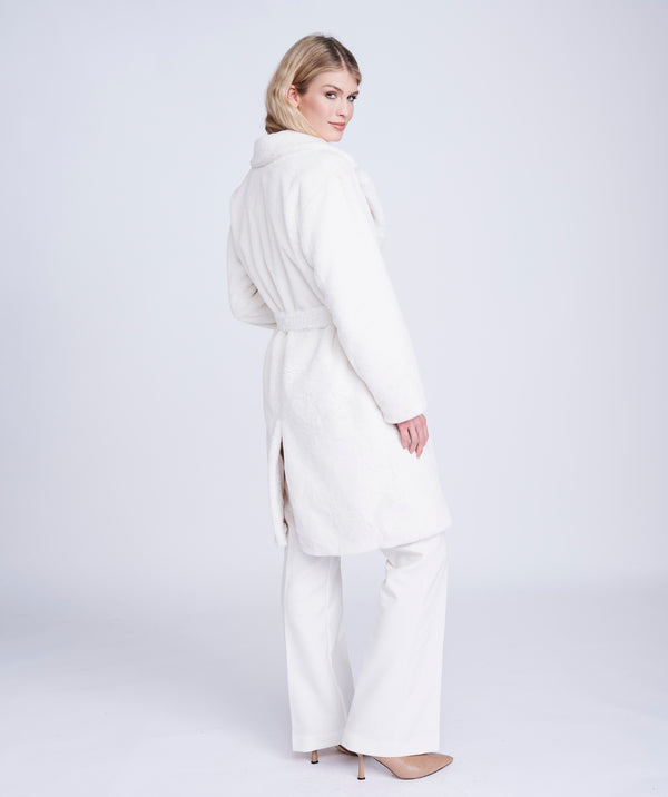 Winter White Faux Fur Coat with Waist Belt