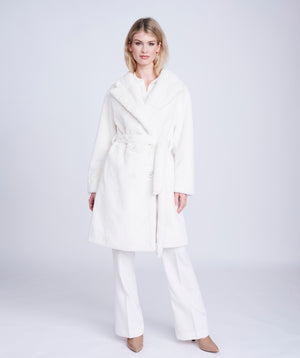 Winter White Faux Fur Coat with Waist Belt
