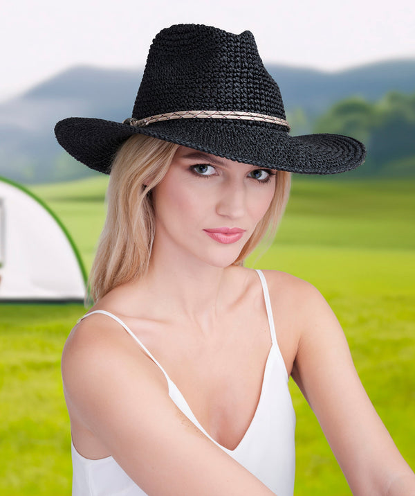 Straw fedora hat with embellished band, adjustable fit and UPF 50 sun protection for beach, holiday and summer outdoor wear.